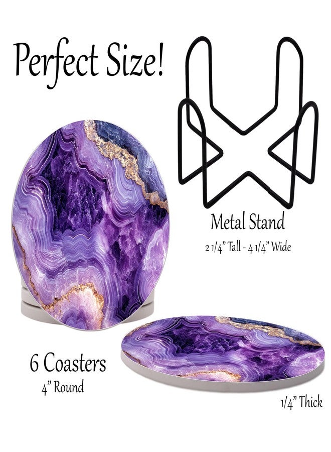 DAJDC Purple Agate Marble Round Coasters Set of 6 - Abosrbent Ceramic Coasters with Metal Stand for Drinks, Coffee, Non-Slip Cork Back for Tabletop Protection, 4 Inches Marbled Pattern (Amethyst) - Image 2